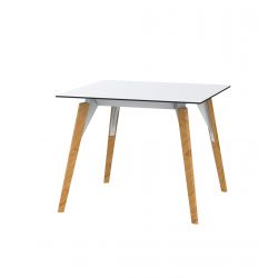 Table Faz Wood plateau HPL blanc et bord noir, pieds chêne naturel, Vondom, 90x90xH74 cm