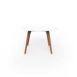 Table ronde Faz Wood plateau HPL blanc intégral, pieds chêne naturel, Vondom, diamètre 120cm H74cm