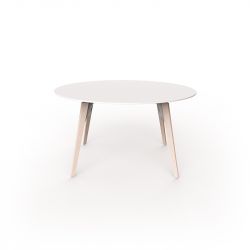 Table à manger ronde Faz Wood plateau HPL blanc intégral, pieds chêne blanchis, Vondom, diamètre 120cm H74cm