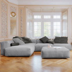 Canapé d'angle Vetsak, velours côtelé gris clair & coussins gris foncé