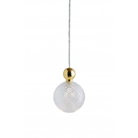 Suspension Uva Crystal petit carreaux, diamètre 7 cm, Ebb&Flow, câble transparent, boule en laiton doré