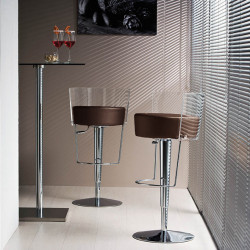 Tabouret design Bongo dossier transparent, Midj, hauteur d'assise réglable, assise similicuir marron
