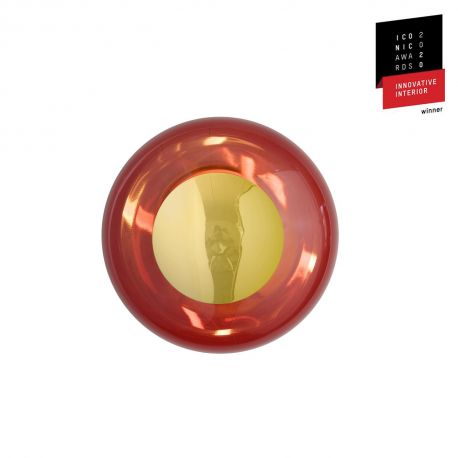 Applique et plafonnier bulle de verre soufflé Horizon Rouge Rubis, diamètre 21 cm, Ebb & Flow, centre métal doré