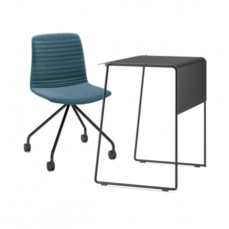 Pack télétravail petit bureau pieds noirs plateau noir et chaise pivotante pieds noirs assise bleu Link 62 Pro, Fornasarig